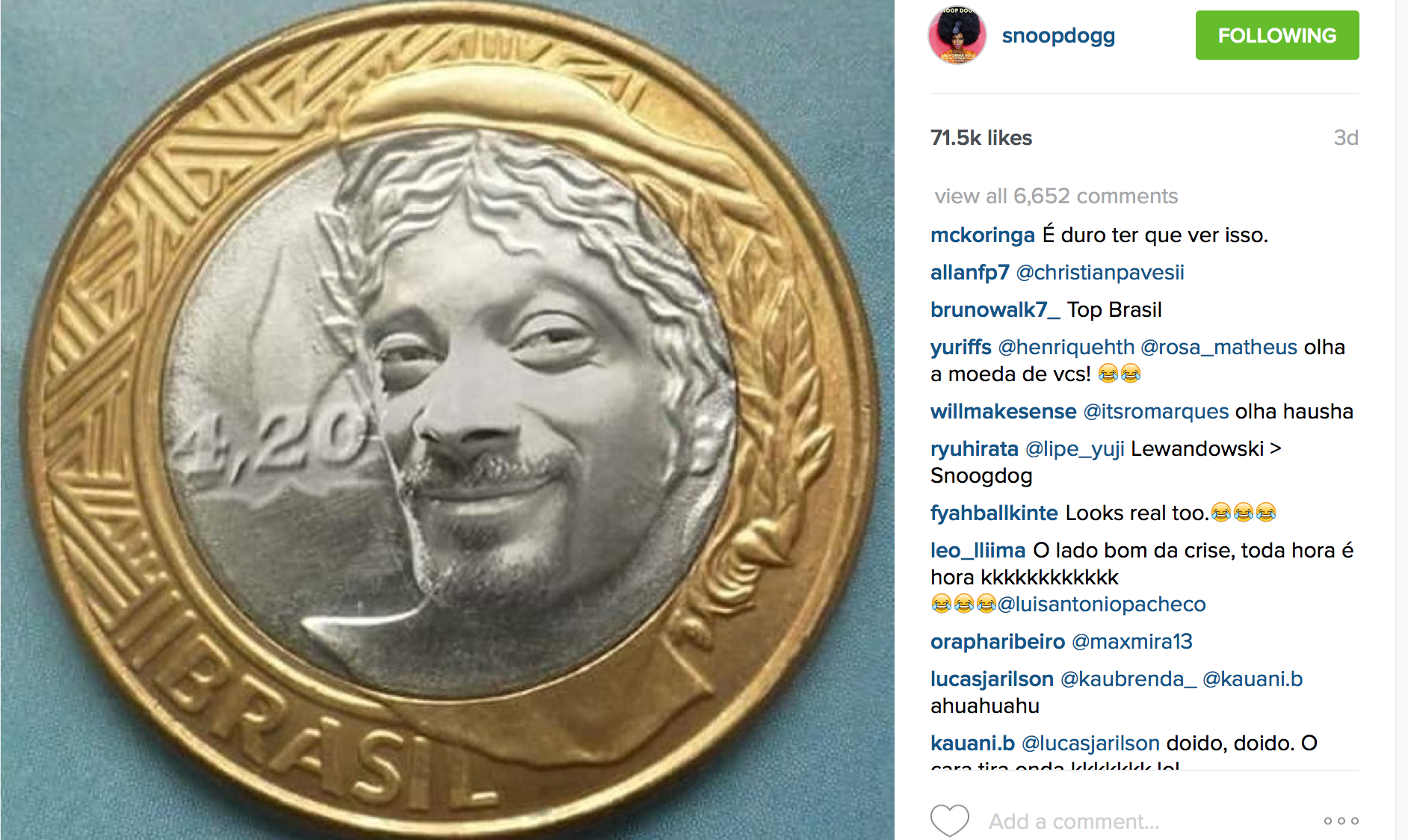 Snoop Dogg entrega vinda ao Brasil no Instagram. E ainda zoa, claro